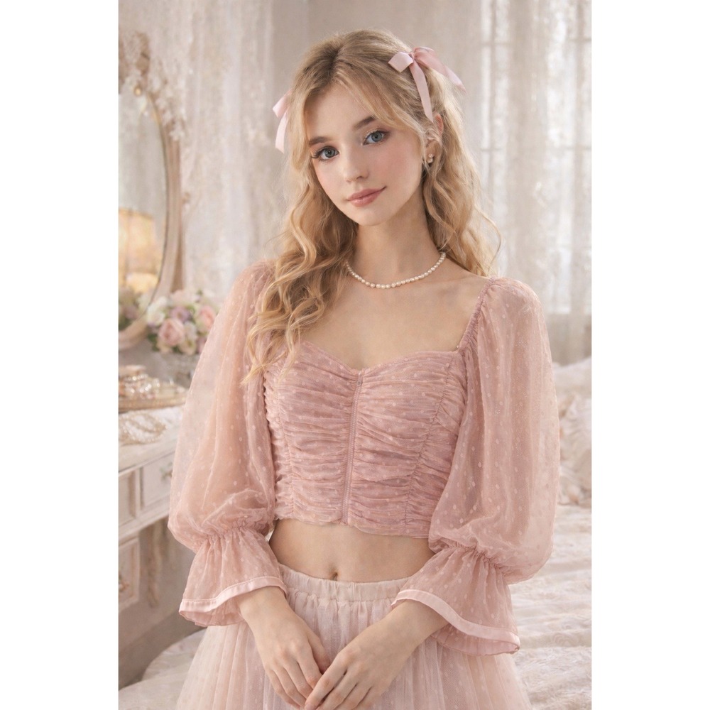 Coquette Balletcore‎ Pink Ruched Mesh Crop Top Puff Sleeve Fairycore Romantic